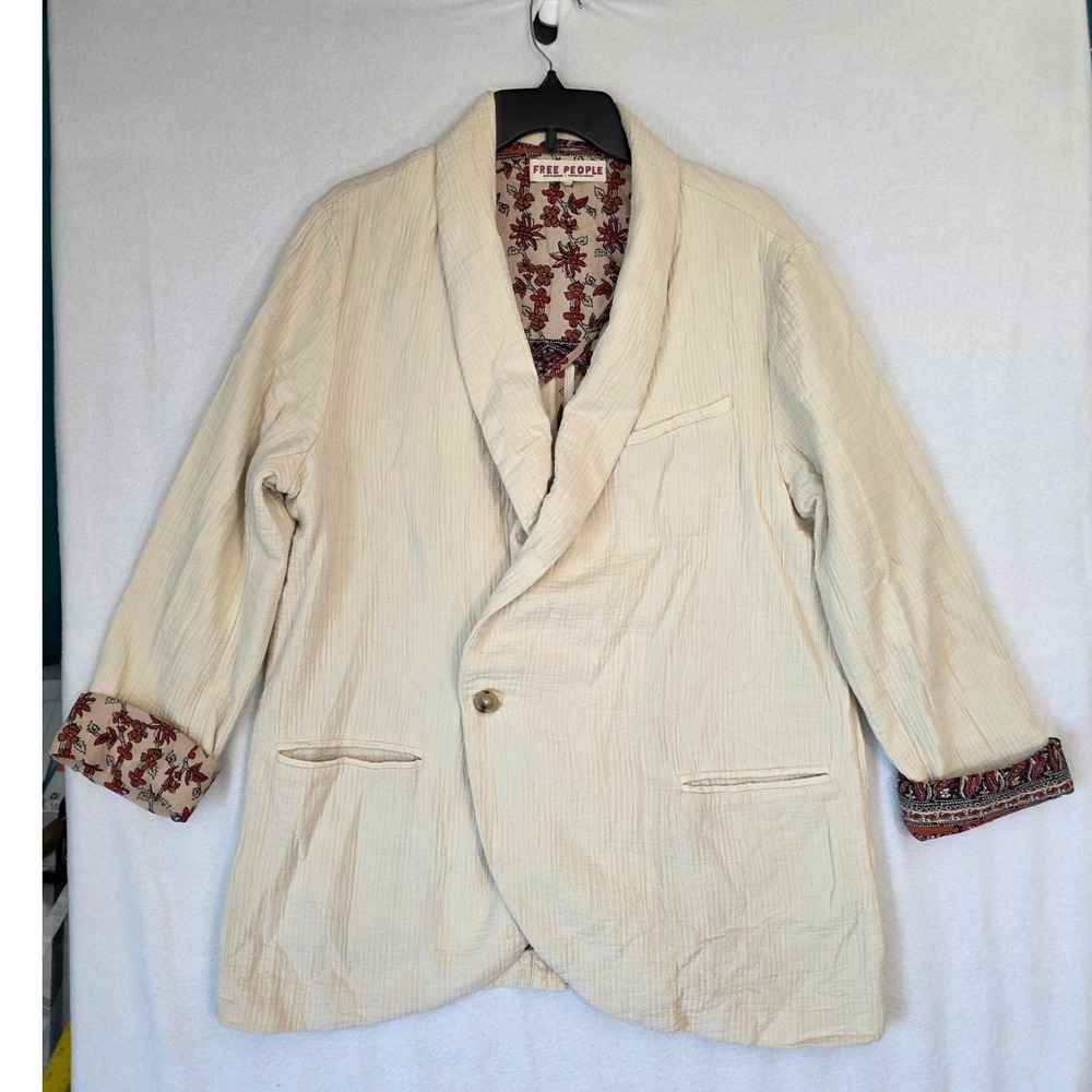 Free People Gauze Shawl Collar Blazer M Cream Cotton Floral Paisley Boho Jacket